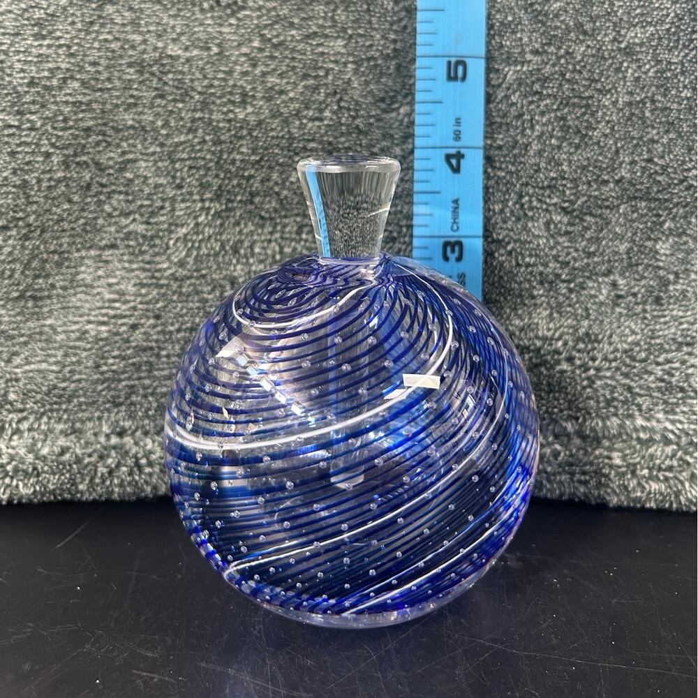 Blue and White Swirl w Dauber Glass Bottle Robert Eickholt Hand Blown Signed